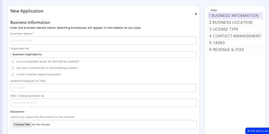 Step 1 of the Updated License Wizard; Business Information