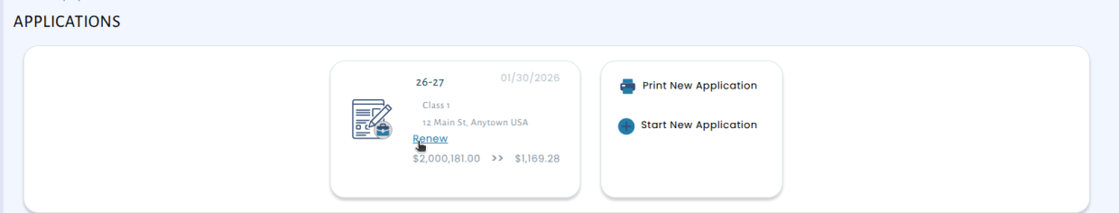 Screenshot showing the new Renew link on a license application card