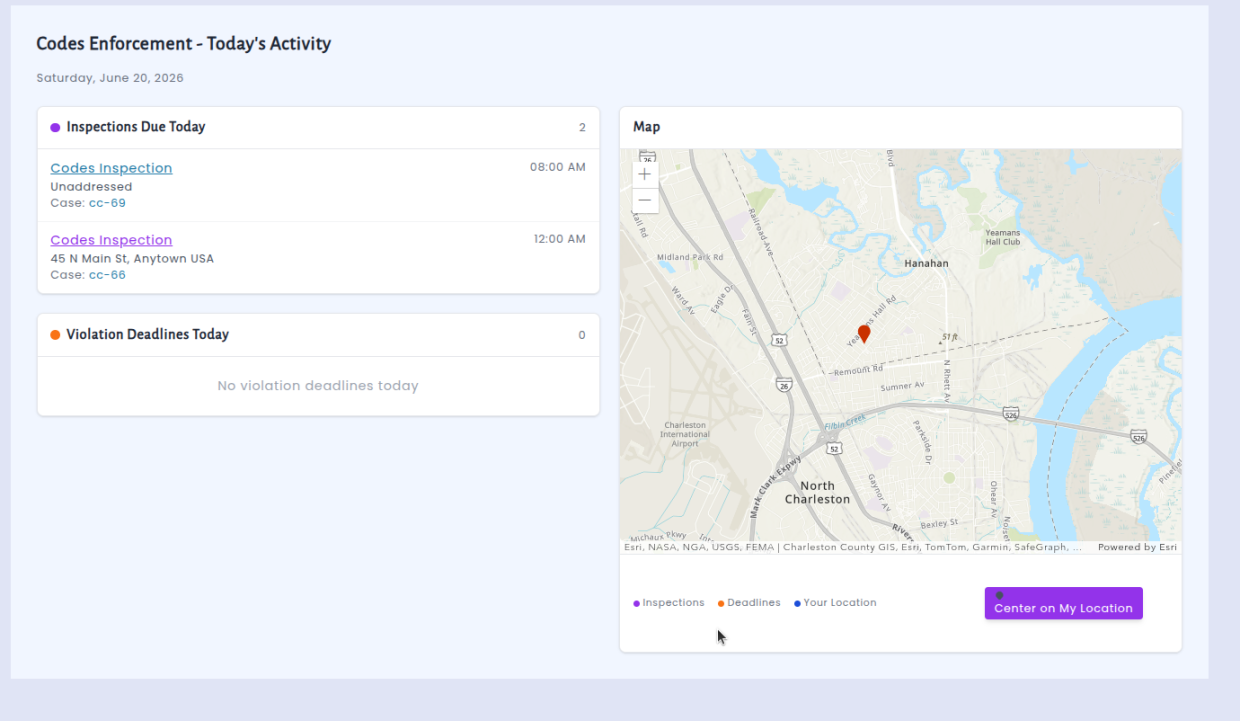 Codes enforcement daily dashboard showing inspections and cases due today with an interactive map