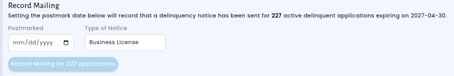 Record Mailing form on the delinquent license applications page
