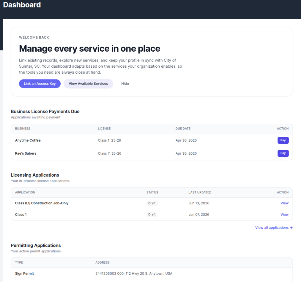 The redesigned portal dashboard showing outstanding items, active applications, and inspection status at a glance