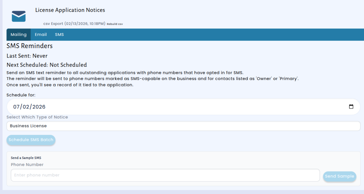 Screenshot of the SMS renewal batch scheduling interface, showing date picker and license category selector
