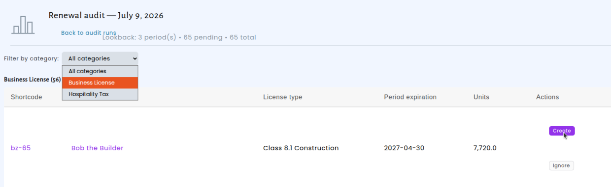 Dry-run preview showing potential renewal applications before creation