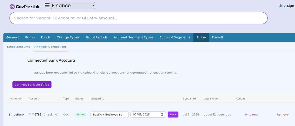 Connected Bank Accounts page showing a linked bank account with sync status and mapping options