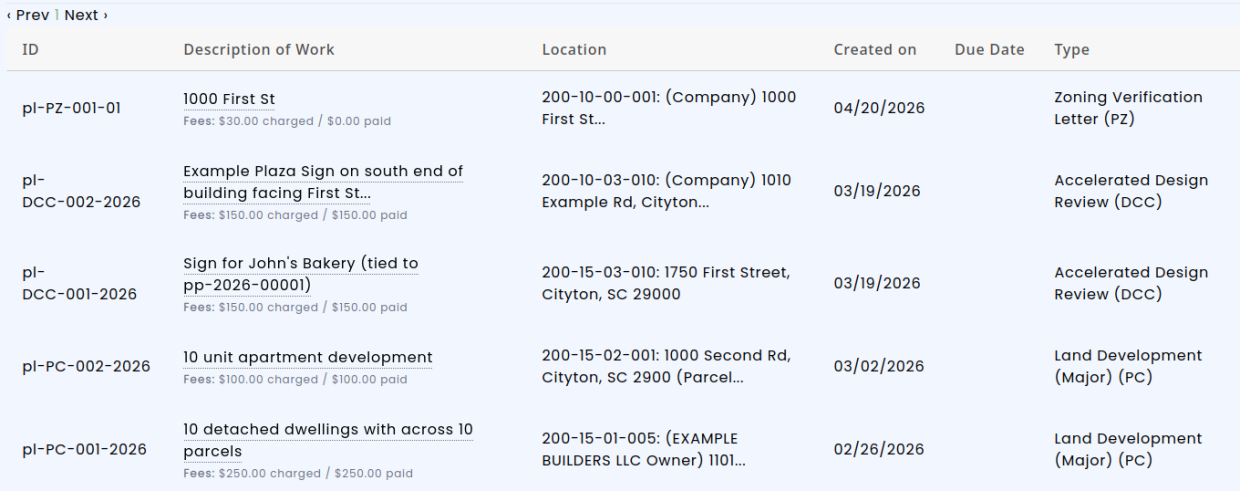 Updated Planning Index search table with task names and fee totals.